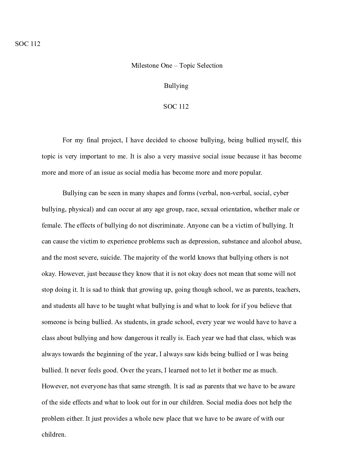 Preview image for 2 2 Final Project Milestone 1.docx  SOC 112  Milestone One “ Topic Selection  Bullying   S